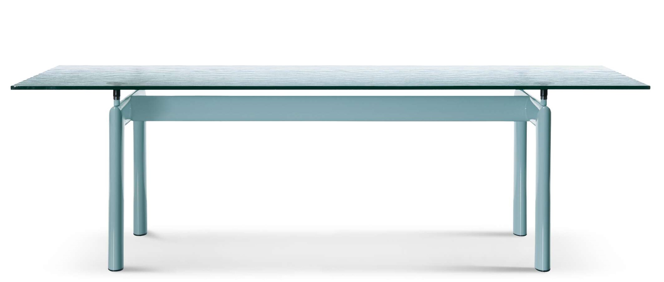 LC6 Tisch von Cassina mit Glasplatte und blauem Stahlrohrgestell für Esszimmer.