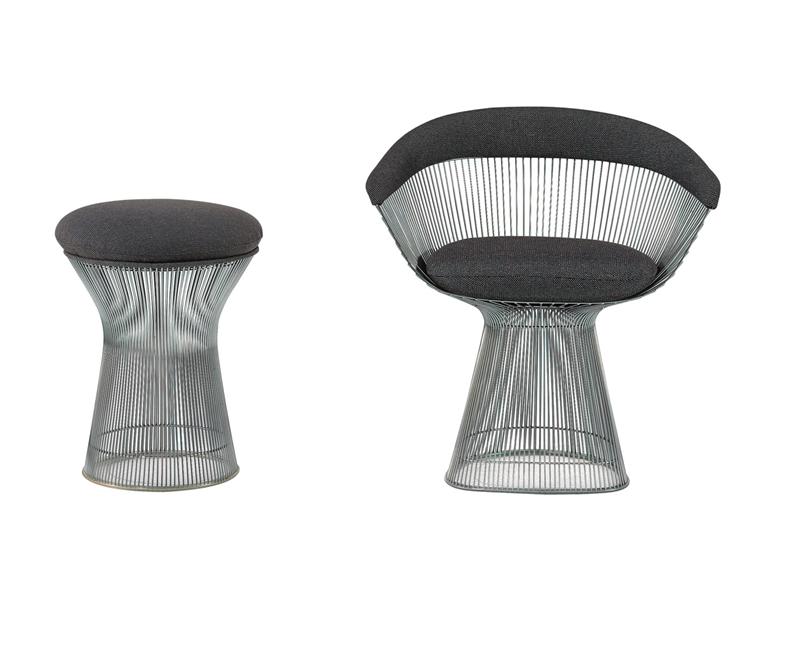 Platner Hocker und Sessel von Knoll International mit grauem Polster und Stahlgestell.