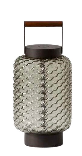 Cassina 094 Ficupala Akkuleuchte: Graue Outdoor Tischleuchte mit Tragegriff und strukturiertem Glas.