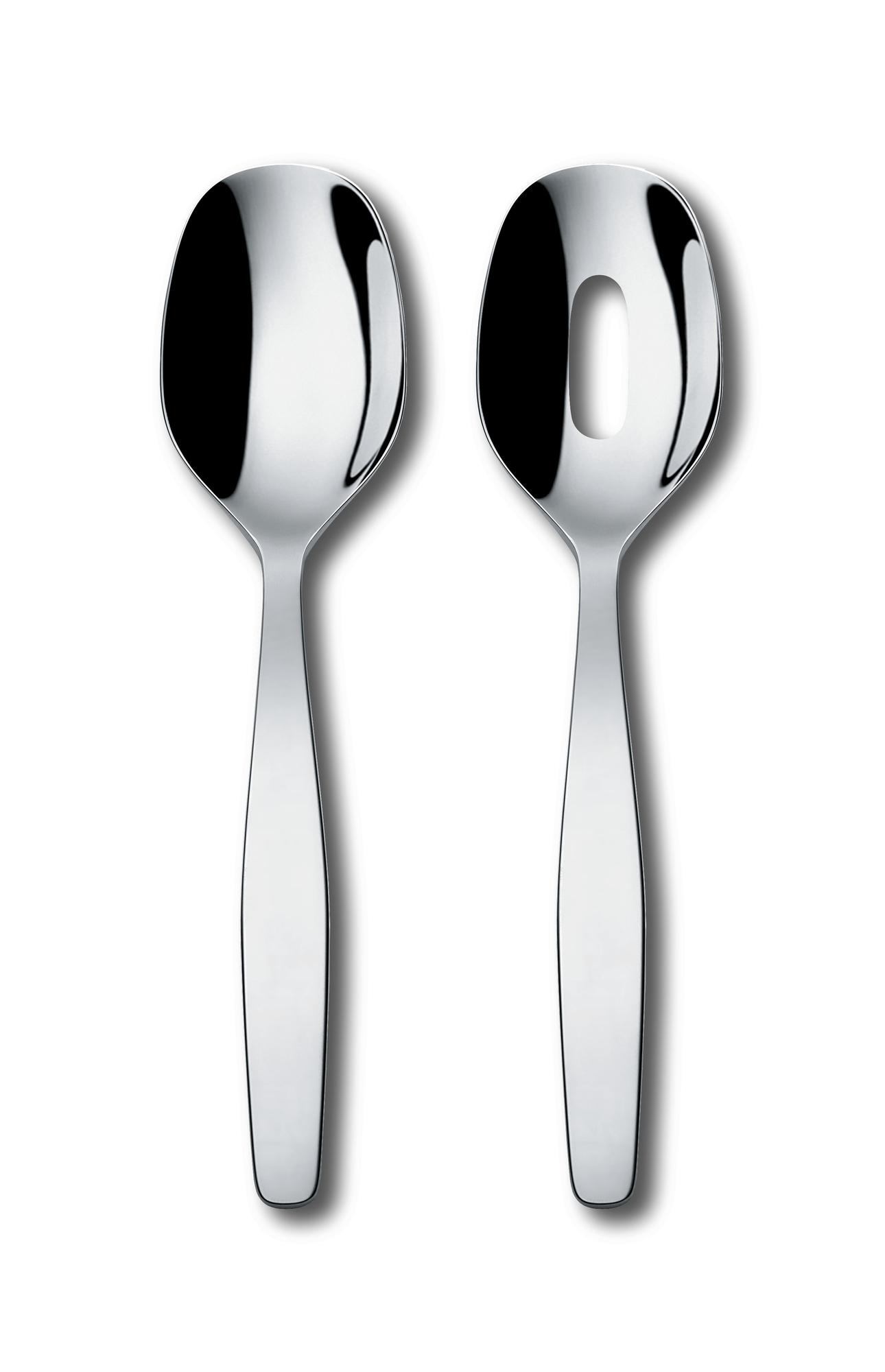 Alessi Itsumo Salatbesteck aus Edelstahl, bestehend aus Löffel und durchbrochenem Servierlöffel.