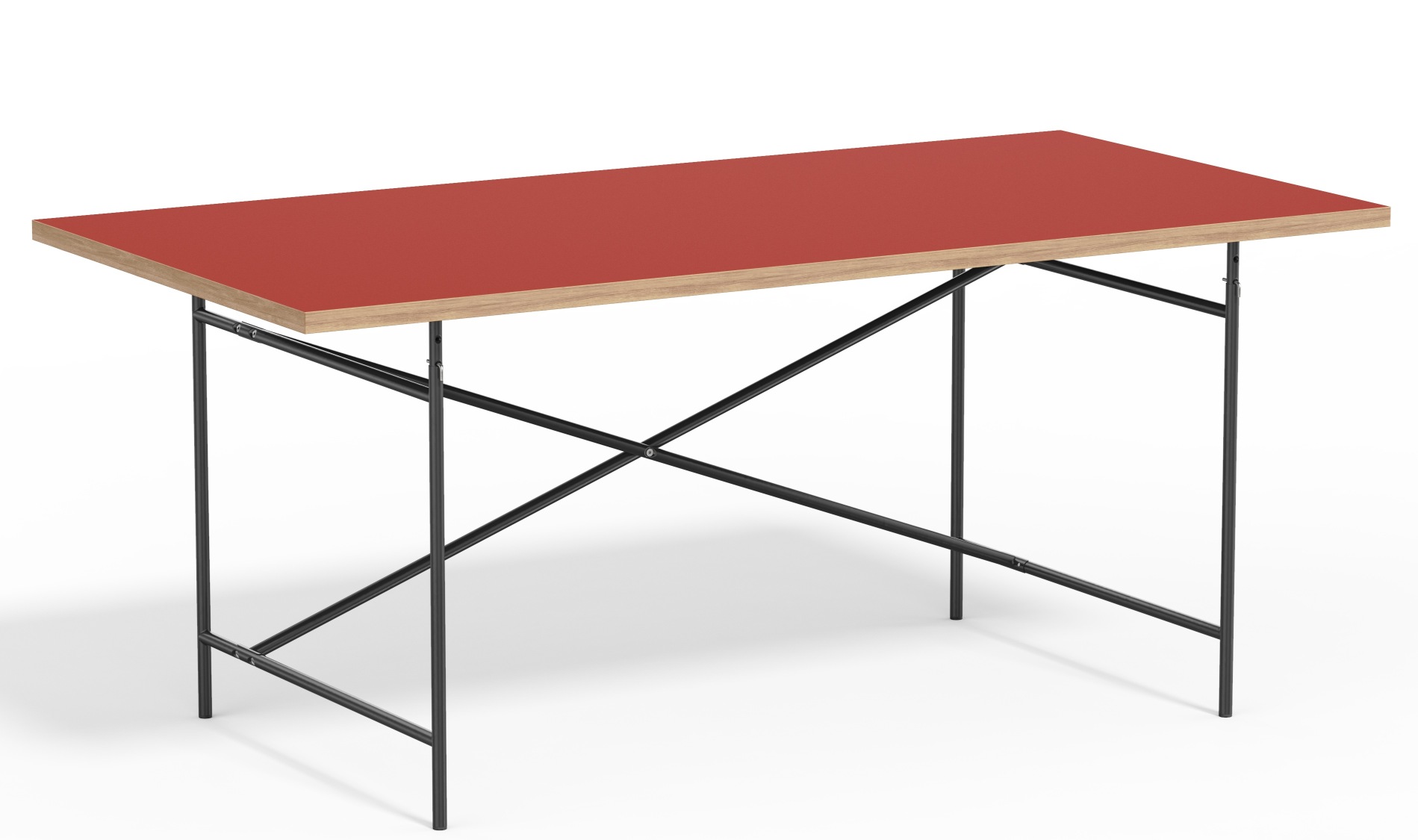 Eiermann Tisch mit roter Tischplatte und schwarzem Stahlgestell, Designklassiker für Büro und Zuhause.