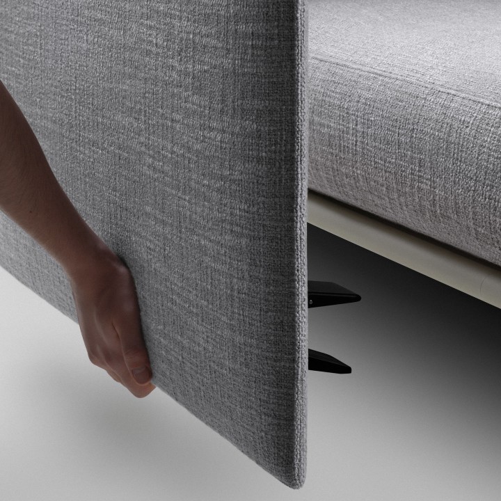 Detailaufnahme des Vitra Anagram Panels (90 cm) in Grau, das an einem modularen Möbelstück befestigt wird.