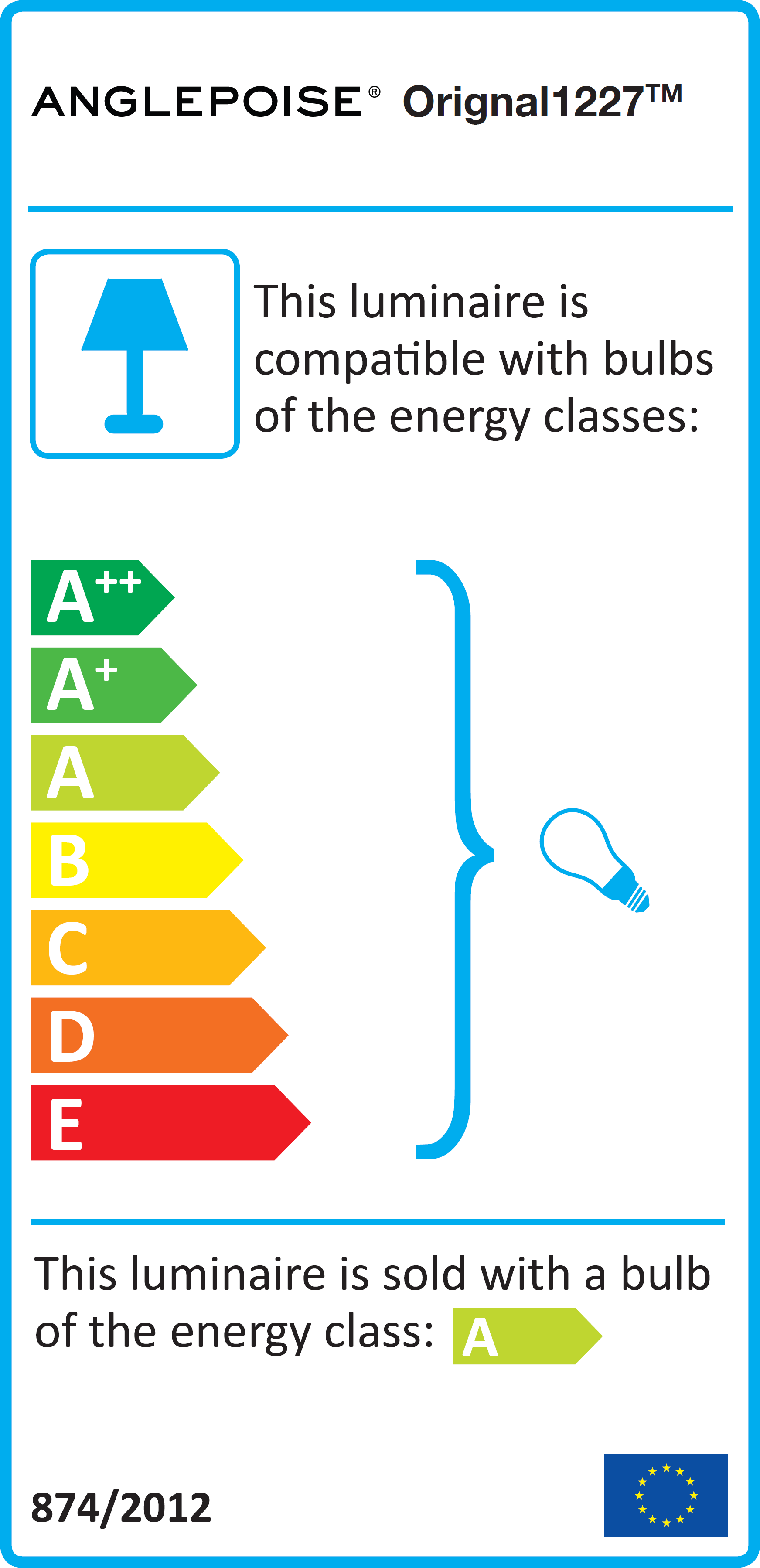 Anglepoise Original 1227 Energieetikett: Kompatible Leuchtmittel Energieklassen A++ bis E, inklusive Leuchtmittel Energieklasse A.
