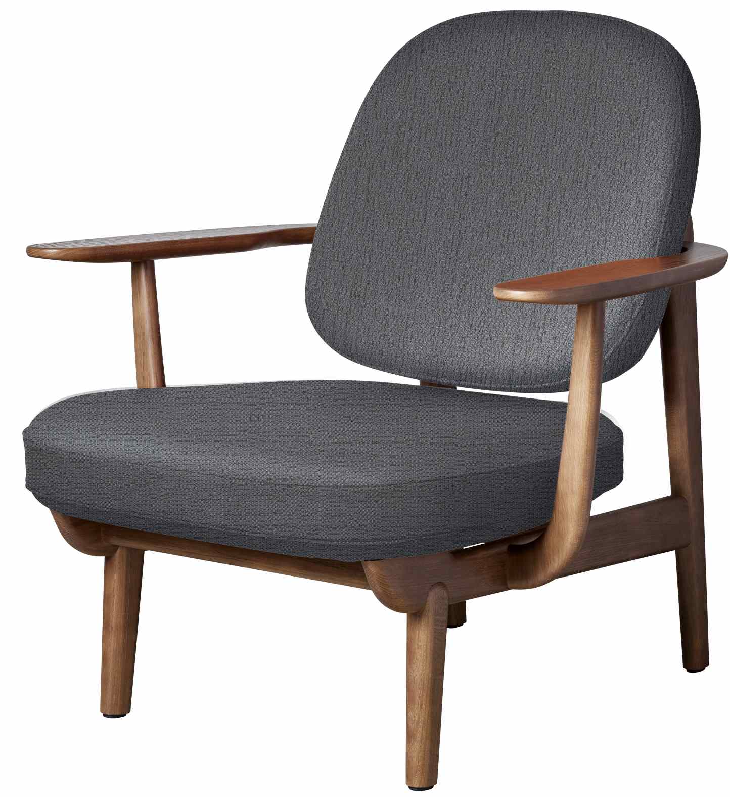 Fred Loungesessel von Fritz Hansen mit grauem Stoffbezug und Holzgestell, Ansicht von vorne.