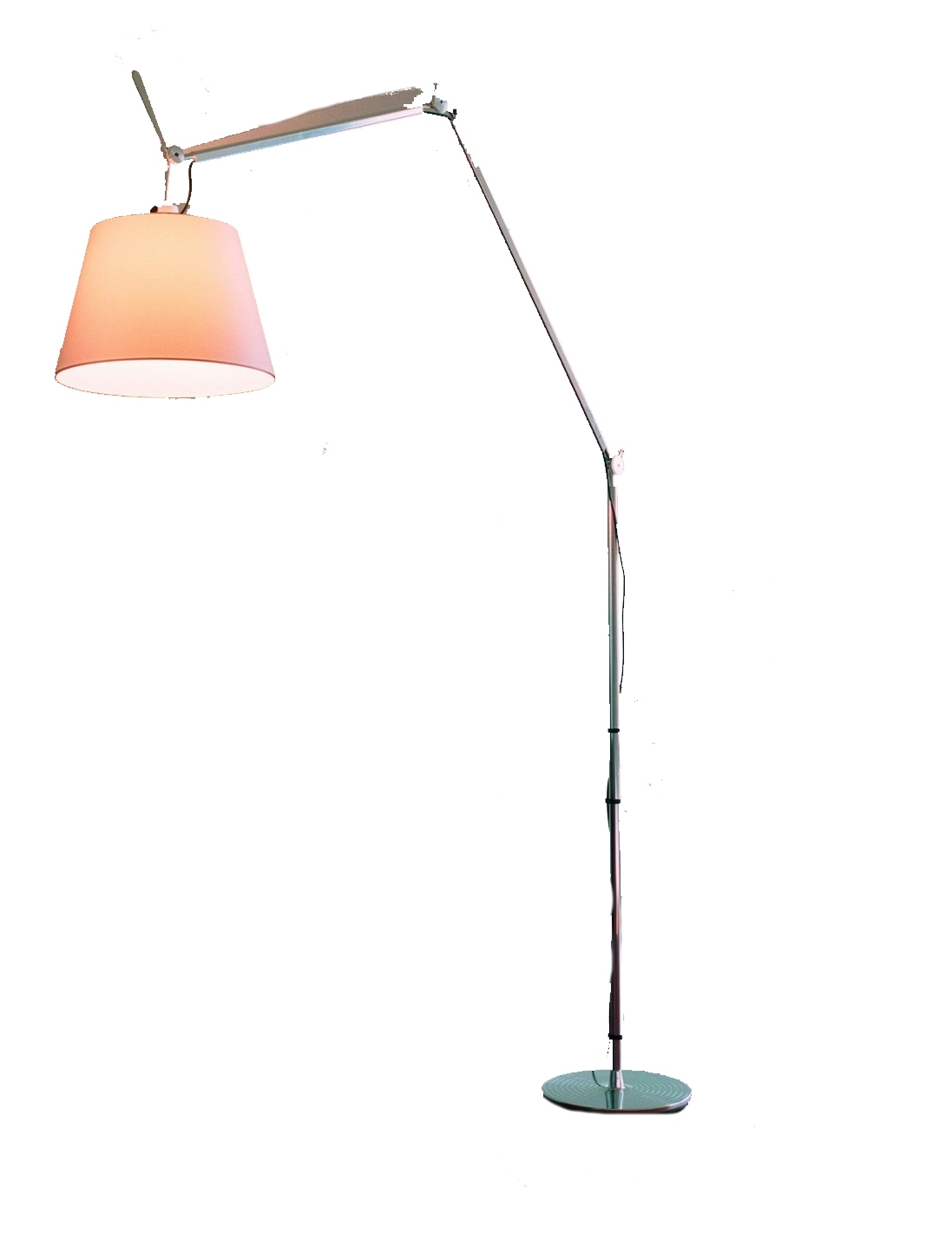 Artemide Tolomeo Mega Stehleuchte mit Aluminium-Gestell und beigem Lampenschirm für Wohnzimmer und Büro.