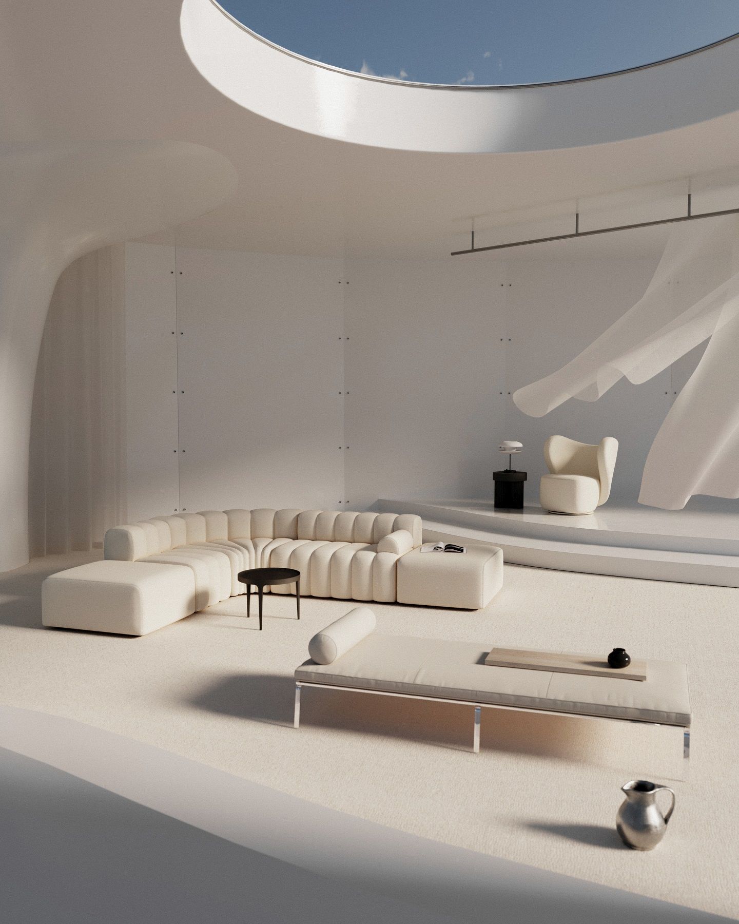 Helles Interieur mit Man Daybed Tagesbett / Liege von NORR11, Sessel und minimalistischer Dekoration unter einem Oberlicht.