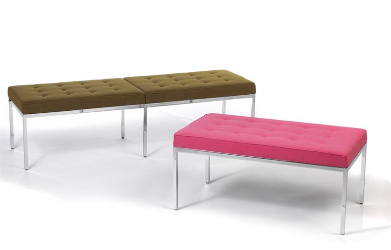 Florence Bank von Knoll International mit olivgrünem und pinkem, gestepptem Stoffbezug und verchromtem Stahlgestell.