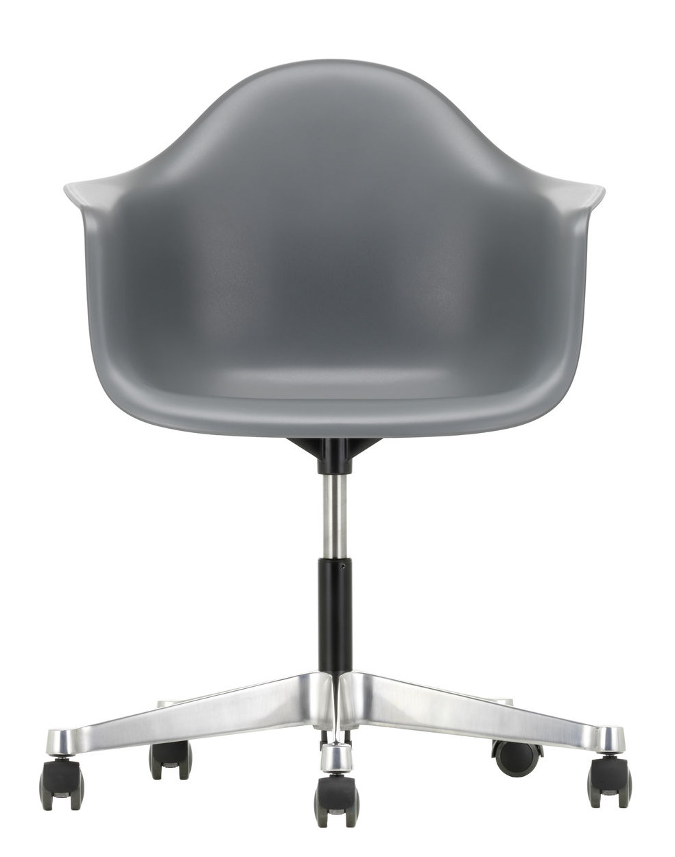 Grauer Eames Plastic Arm Chair PACC Stuhl von Vitra mit Rollen und silbernem Fußkreuz, Ansicht von vorne.