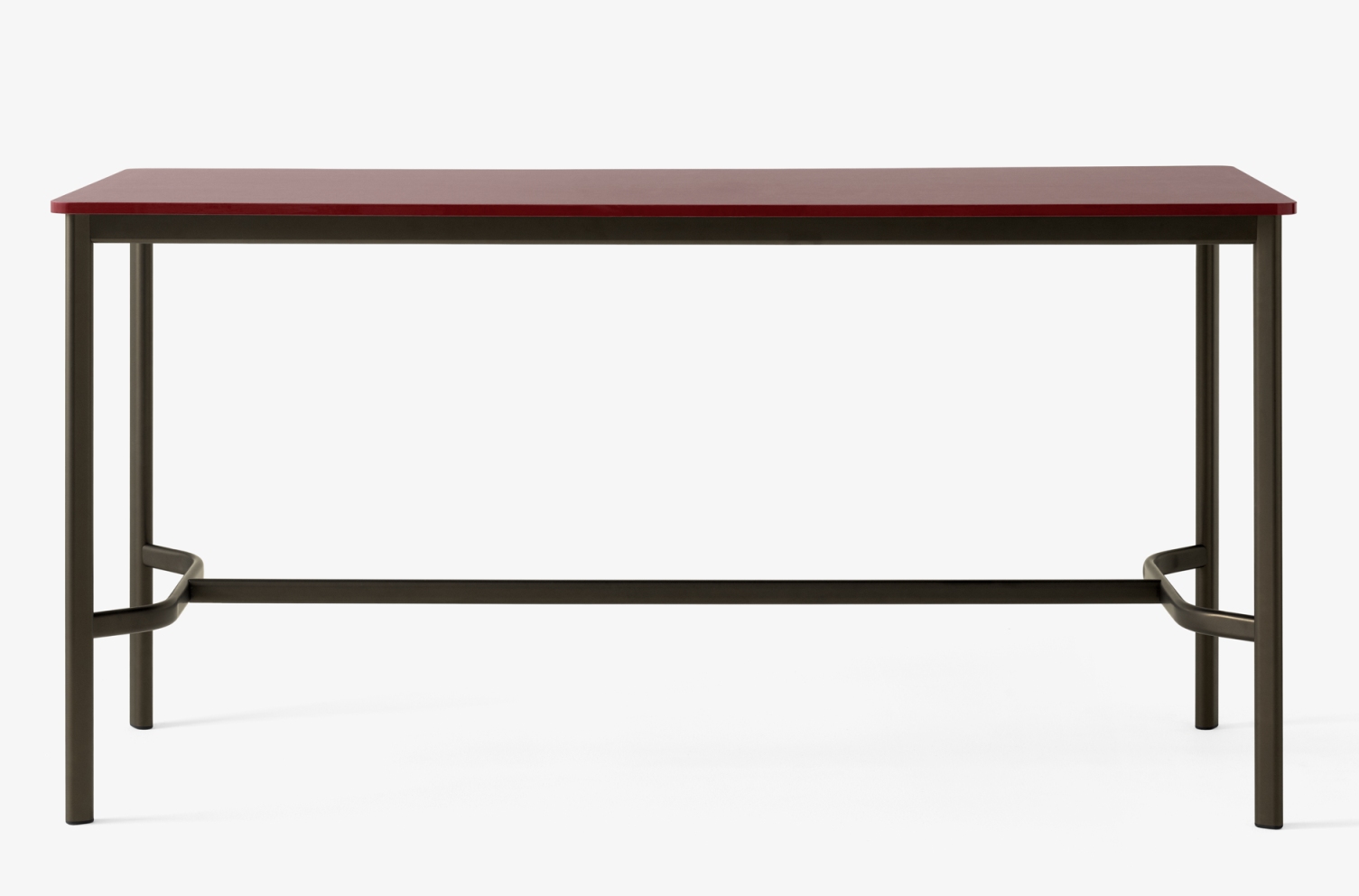AndTradition Drip High Table: Moderner Stehtisch mit bordeauxroter Tischplatte und dunklem Metallgestell für Büro und Zuhause.