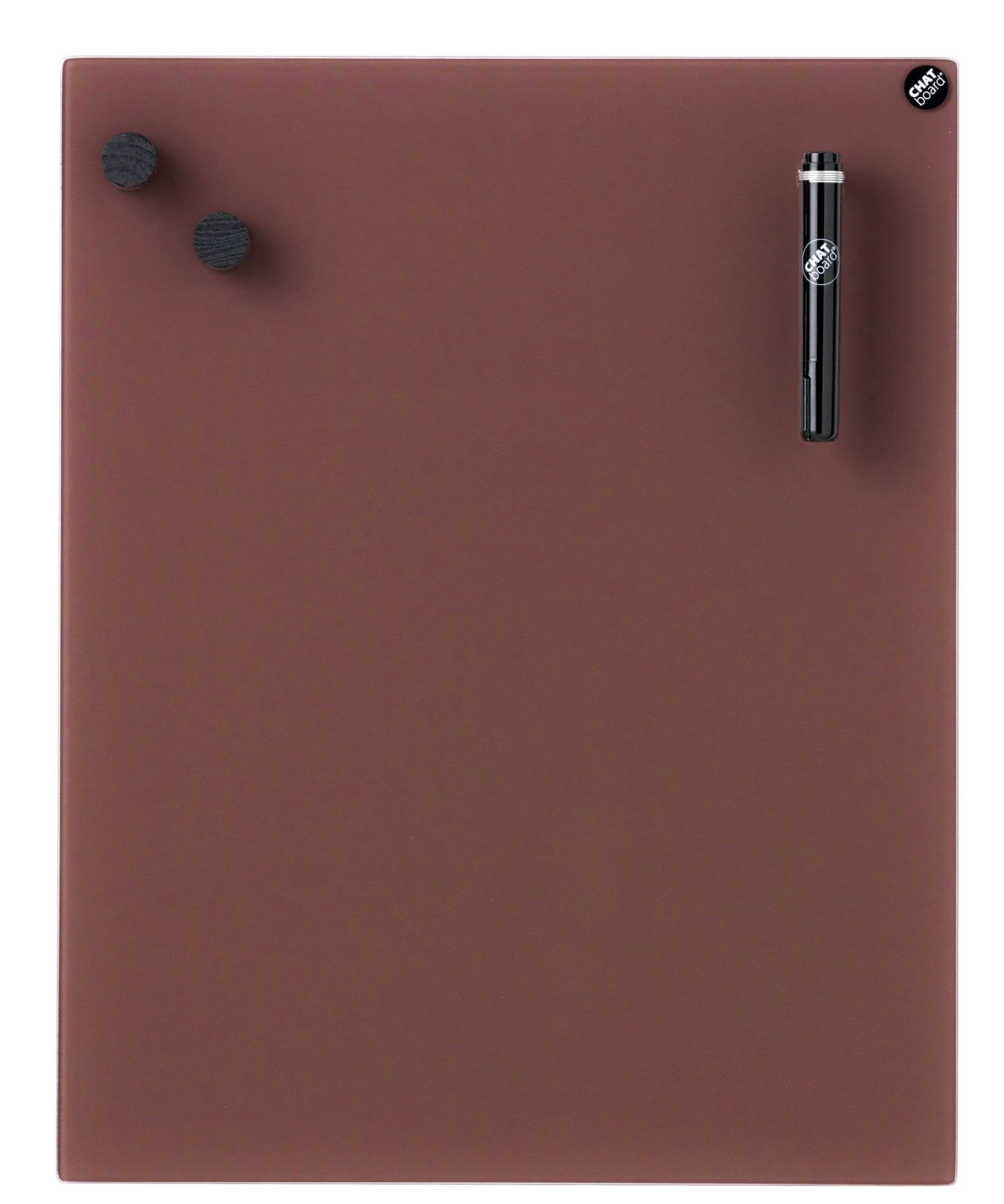 Chat Board Classic Glastafel in Braun mit Magneten und Stift, magnetische Wandtafel für Büro.