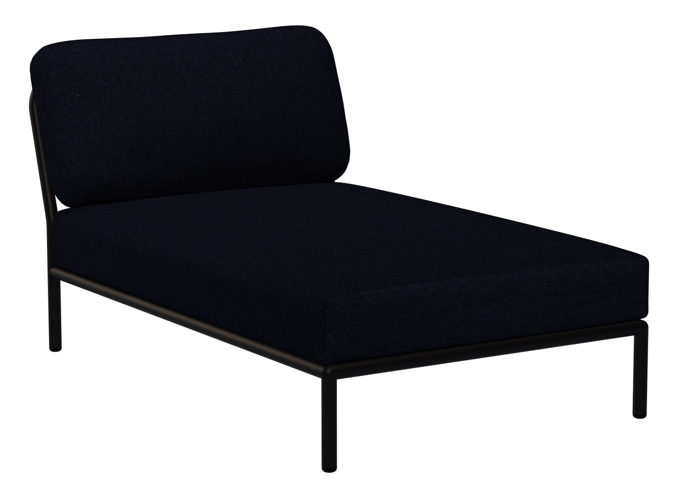 Houe Level Chaiselongue Outdoor Sessel in Dunkelblau mit schwarzem Metallgestell, modernes Gartenmöbel für Terrasse.