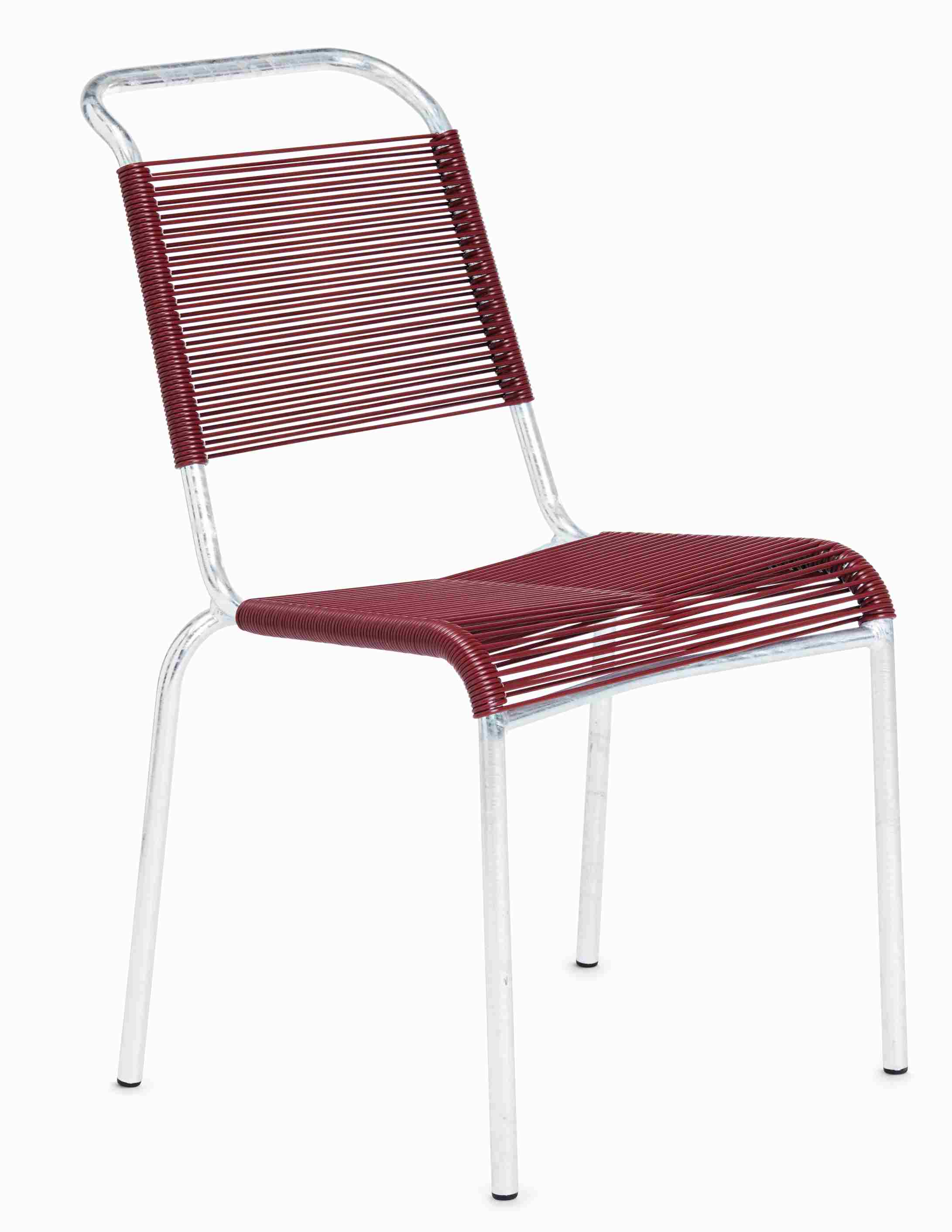 Altorfer Stuhl Outdoor Embru: Roter Gartensessel mit Stahlgestell und Schnurgeflecht für Terrasse und Balkon.