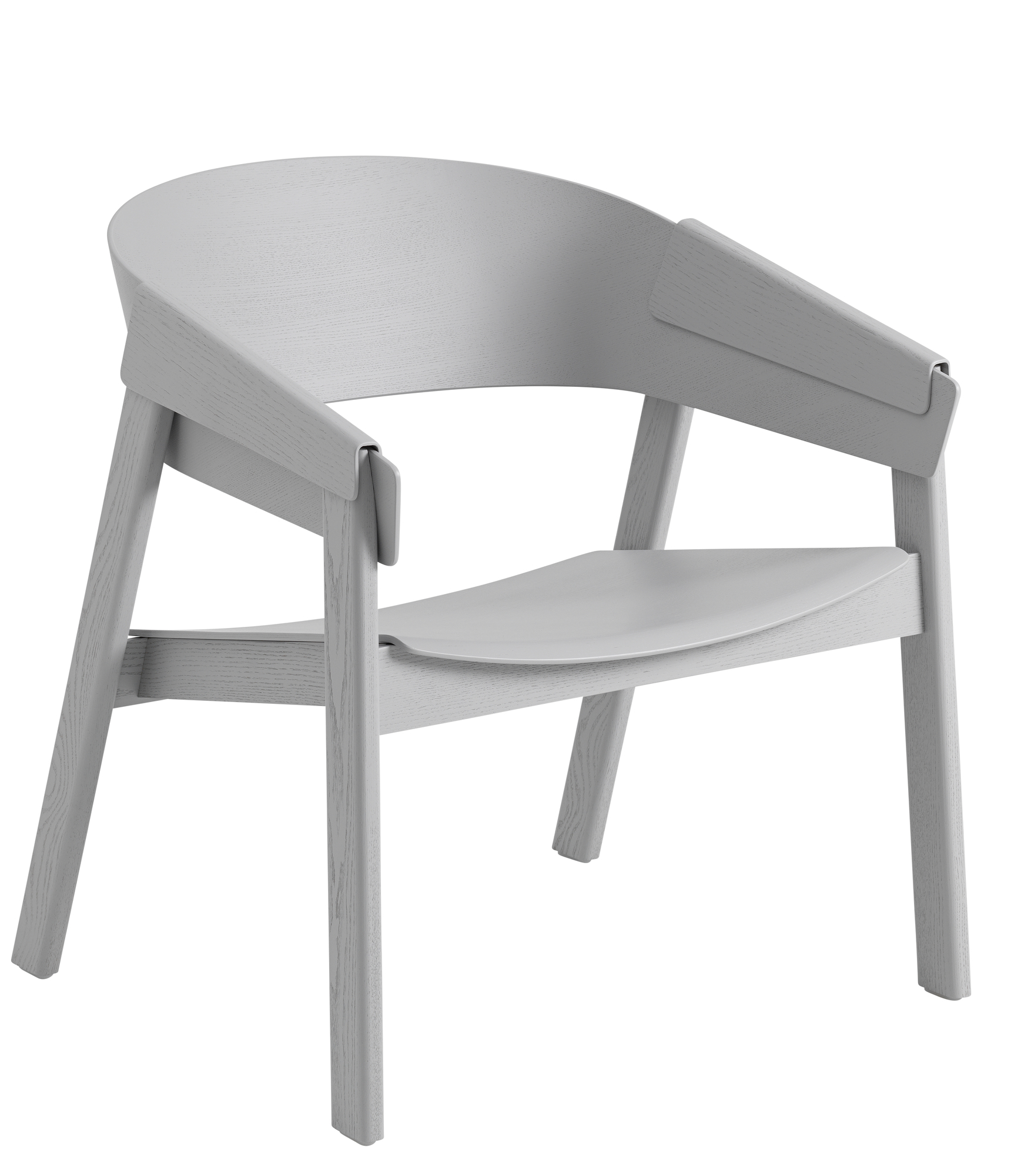 Grauer Cover Lounge Chair von Muuto, ein moderner Holzstuhl mit Armlehnen für Wohnzimmer und Büro.