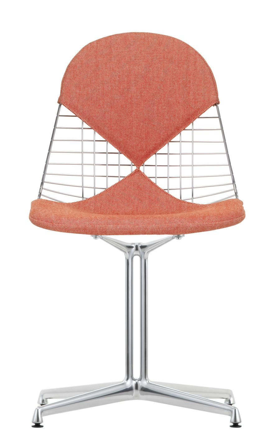 Vitra DKL-2 Wire Chair Stuhl mit orangefarbener Sitz- und Rückenpolsterung und verchromtem Drahtgestell.