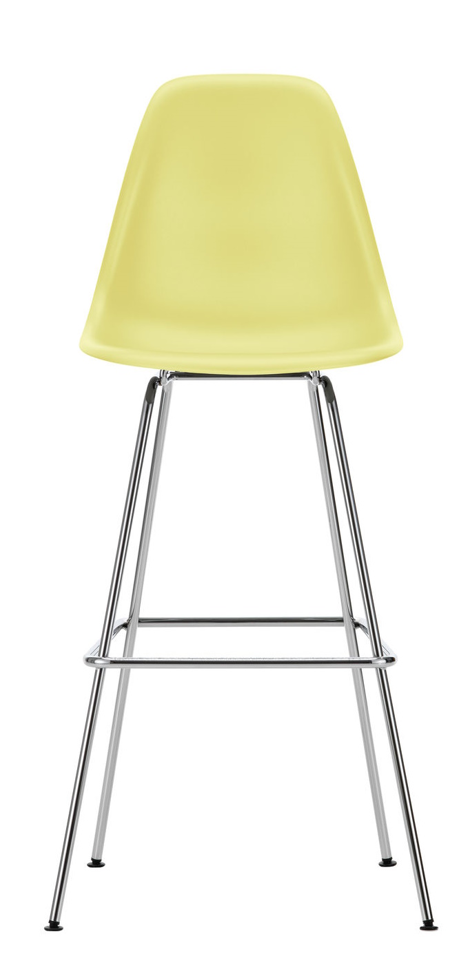 Vitra Eames Plastic Bar Stool in Gelb mit verchromtem Gestell, moderner Barhocker für Küche.