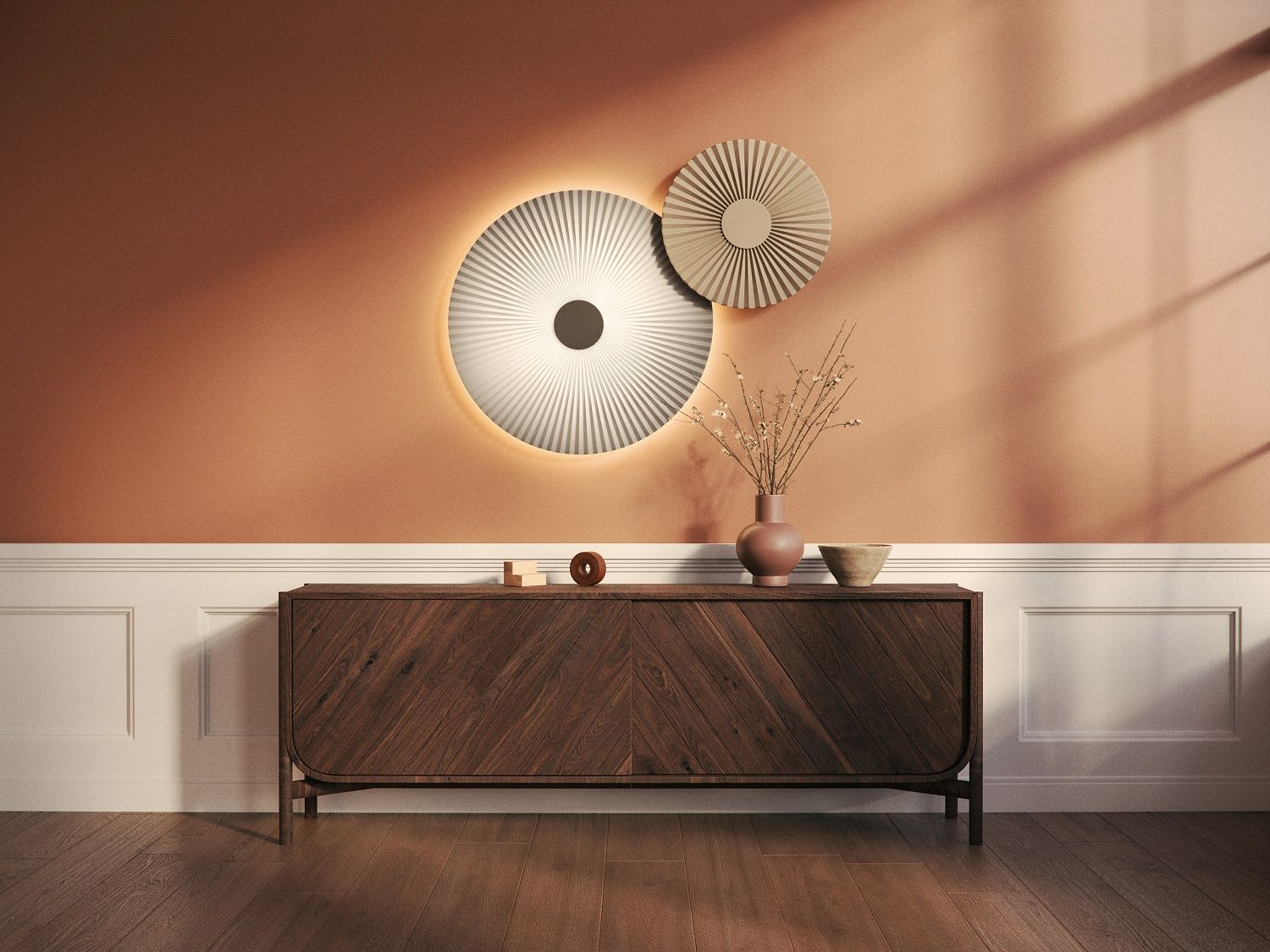 Carmen Wandleuchte 90 cm Hart über Sideboard, moderne Wandlampe mit indirektem Licht.