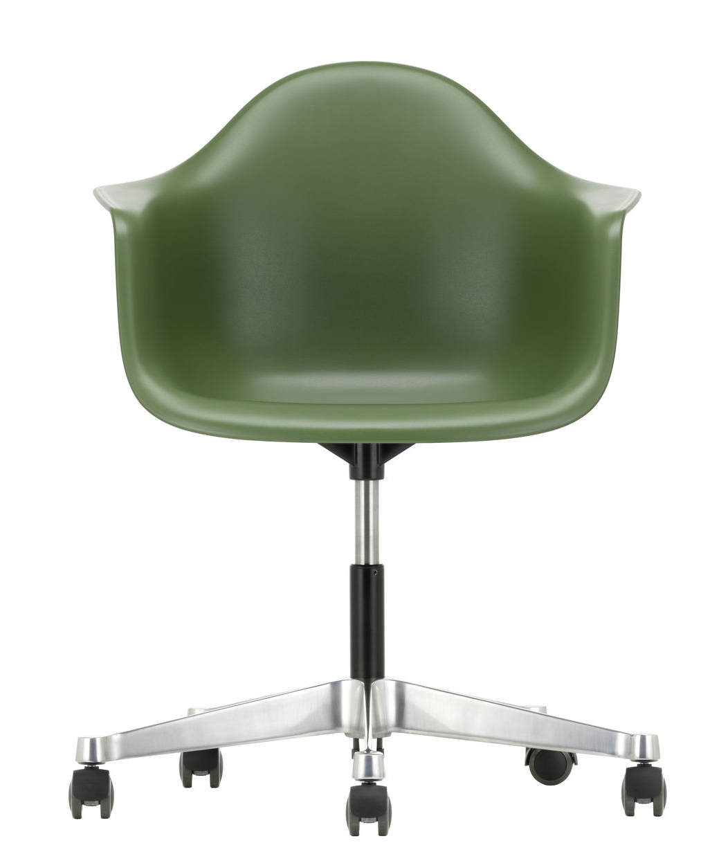 Vitra Eames Plastic Arm Chair PACC in Olivgrün mit Rollenfuß, Frontansicht. Bürostuhl Designklassiker.
