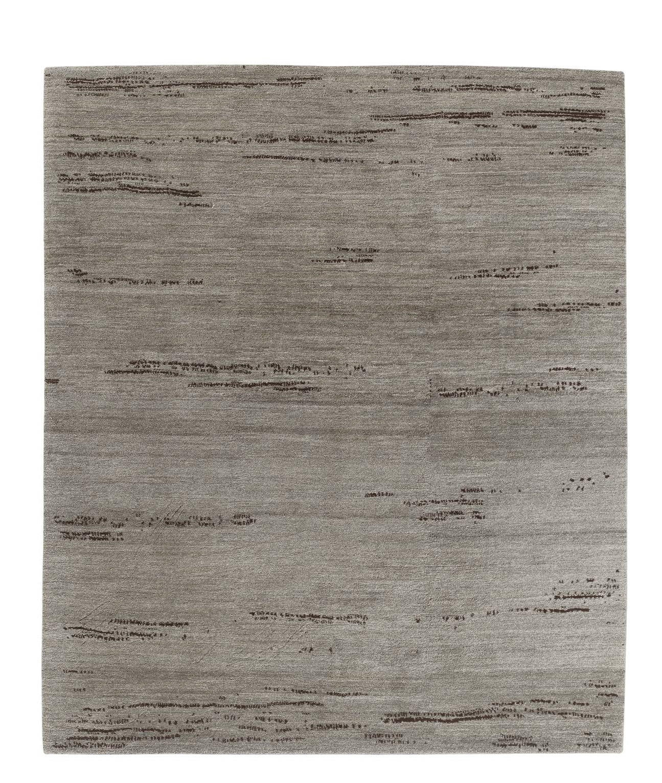 Legends of Carpets Teppich, Modell Walter Knoll, quadratisch, hellgrau mit braunen Akzenten, Detailaufnahme.