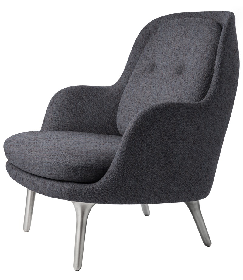 Grauer Fri Sessel von Fritz Hansen mit Armlehnen und silberfarbenen Beinen, moderner Design Sessel.