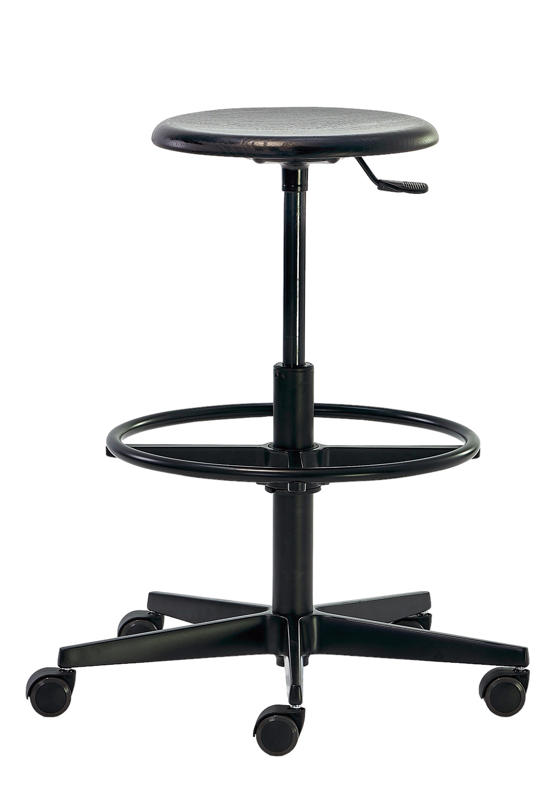 Schwarzer, höhenverstellbarer Mr. Round Hocker von Richard Lampert mit Fußstütze und Rollen.