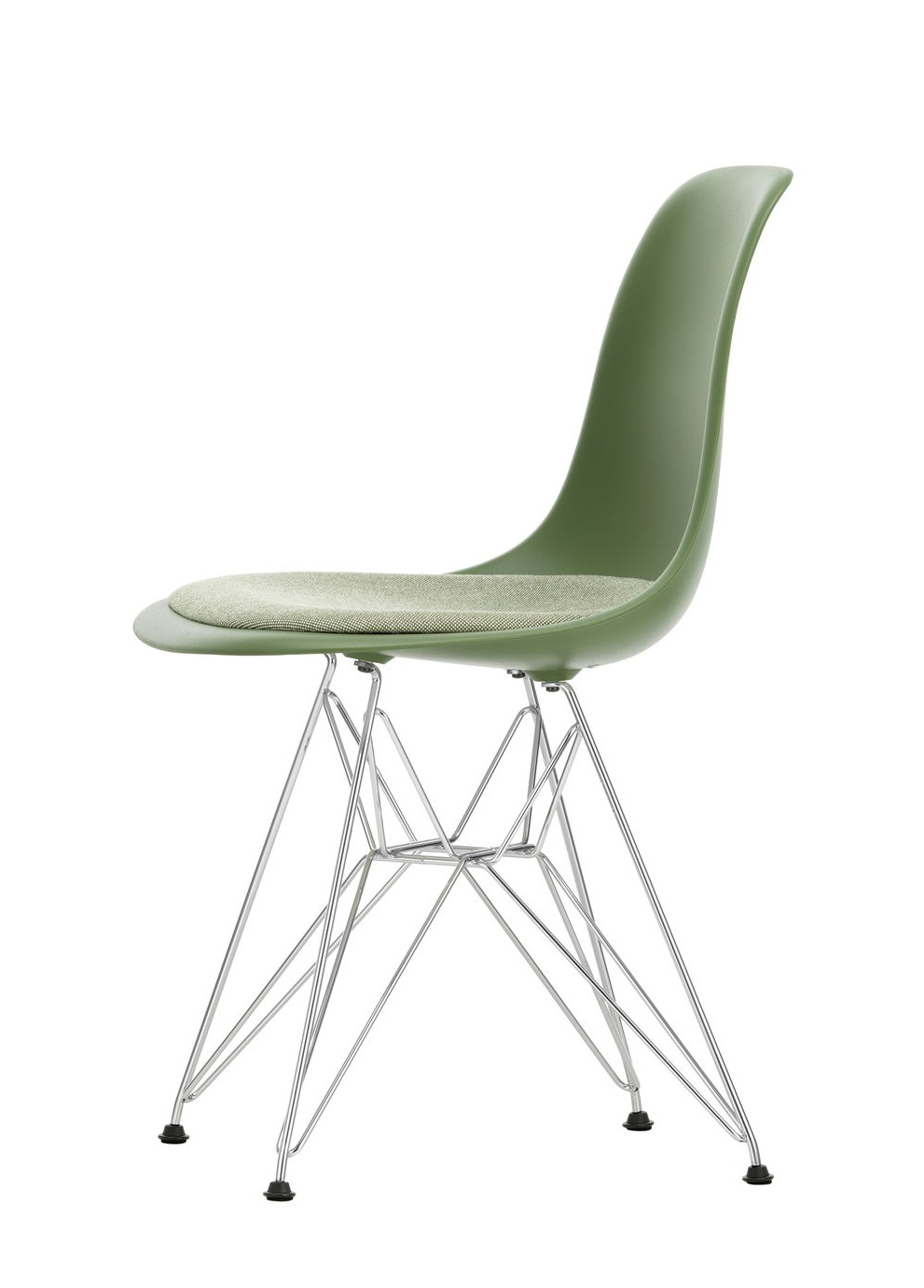 Grüner Eames DSR Stuhl mit Sitzpolster von Vitra, Drahtgestell und organischer Sitzschale.