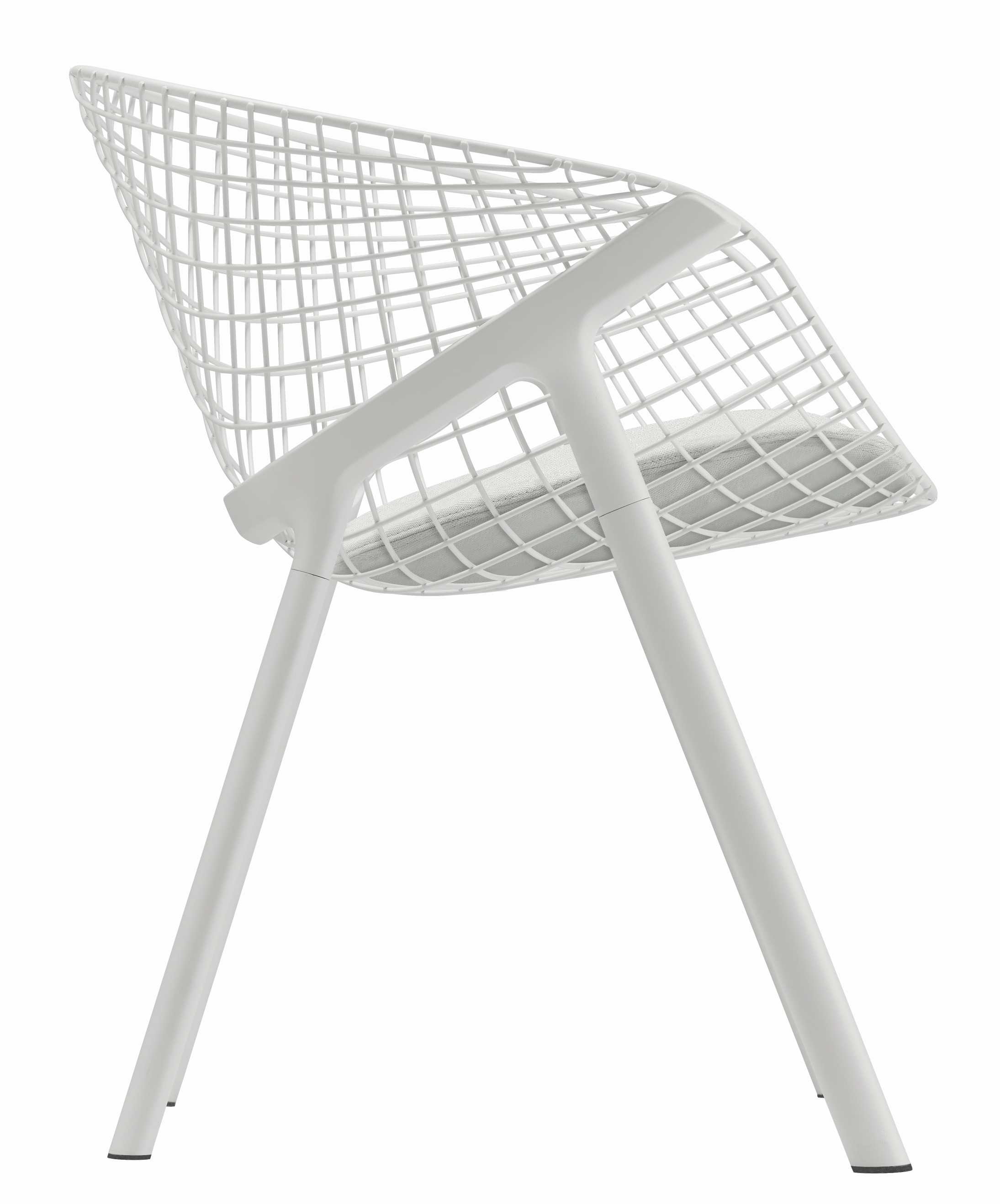 Weißer Kobi Stuhl mit Drahtgeflecht-Sitz und minimalistischem Design für Esszimmer oder Büro.