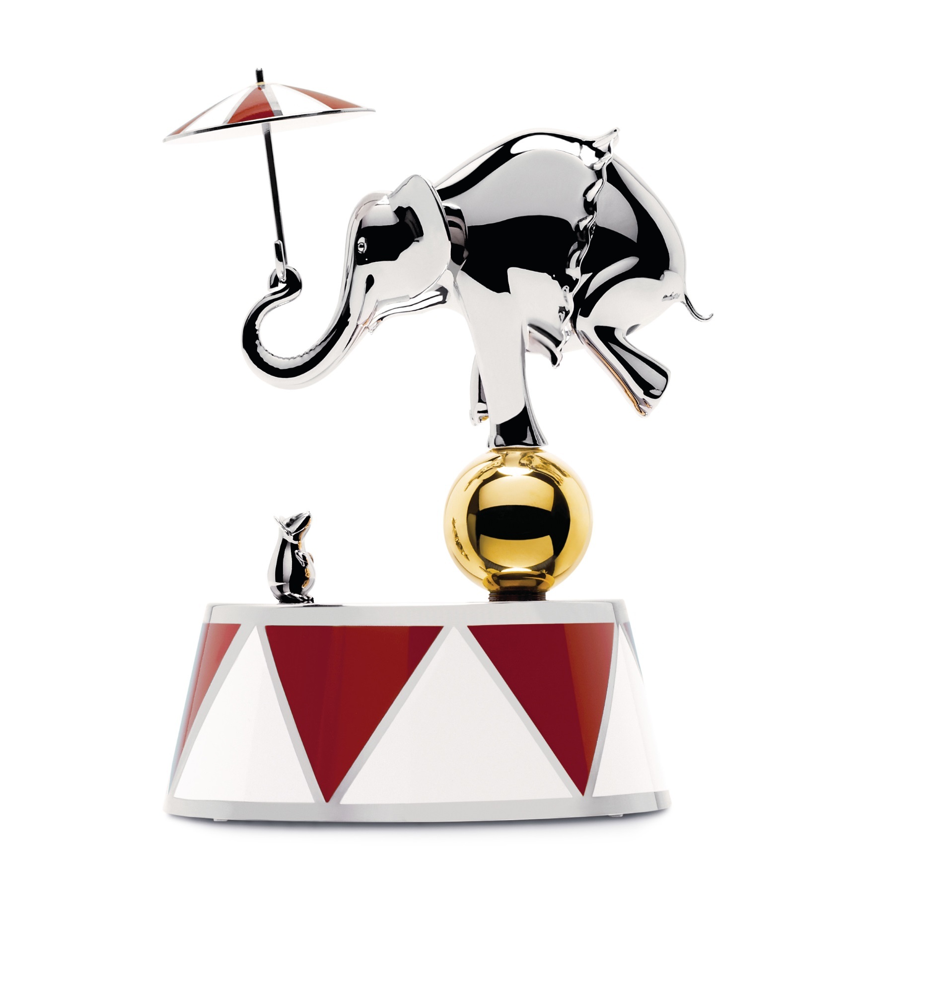 Alessi Circus Spieluhr mit Elefant und Maus Figur auf Zirkus-Podest.