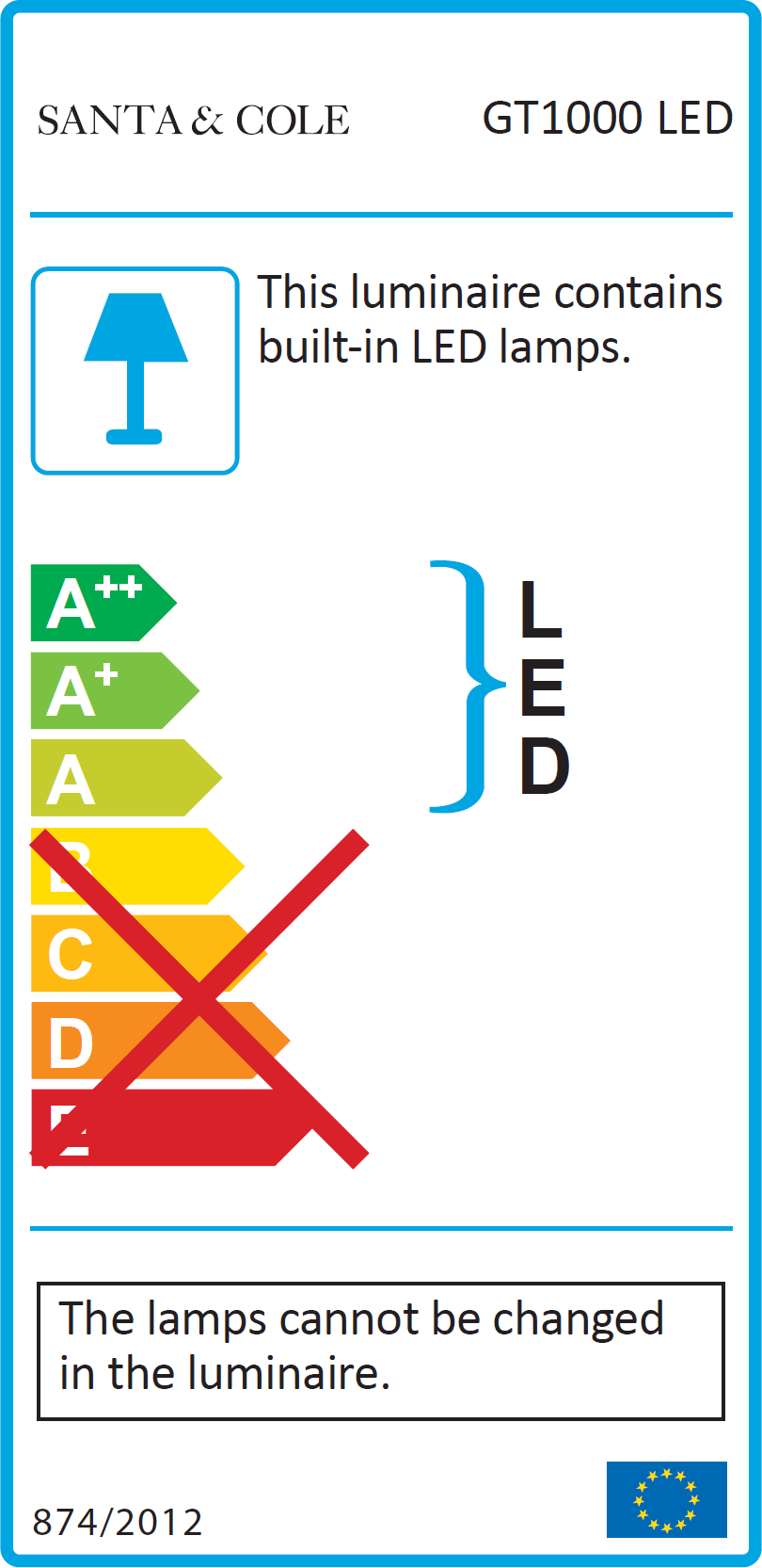 Energielabel der Santa & Cole GT1500 Pendelleuchte. LED-Leuchte mit fest verbauten Lampen.