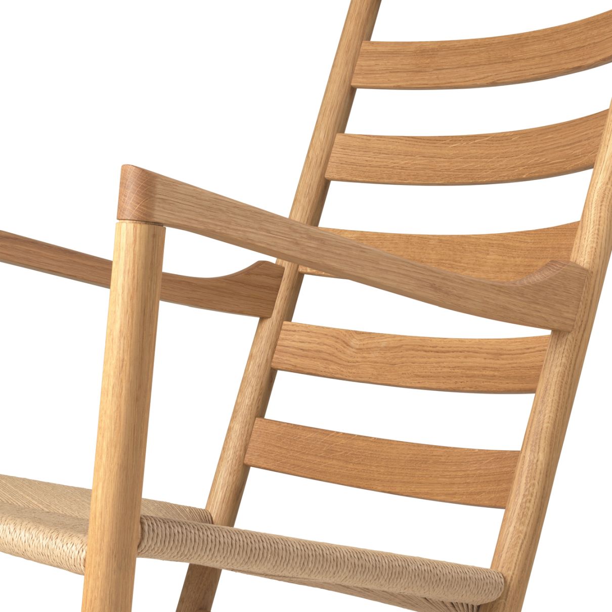 Detailansicht: CH45 Schaukelstuhl aus geölter Eiche mit Armlehnen und geflochtener Sitzfläche. Carl Hansen & Søn Design.