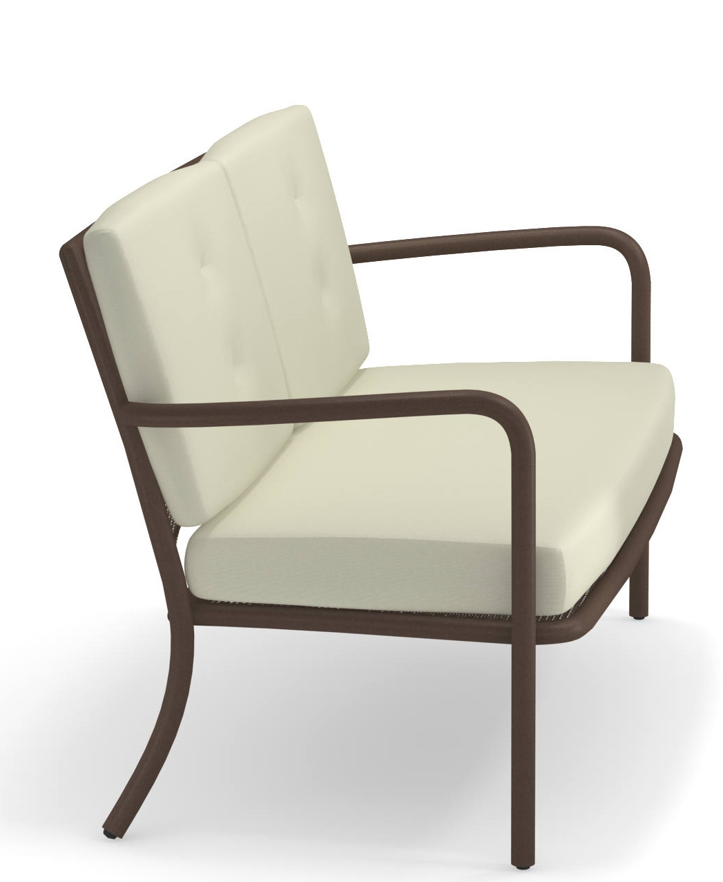 Athena 2-Sitzer Sofa Outdoor Emu mit cremefarbenen Polstern und braunem Metallgestell, Seitenansicht.