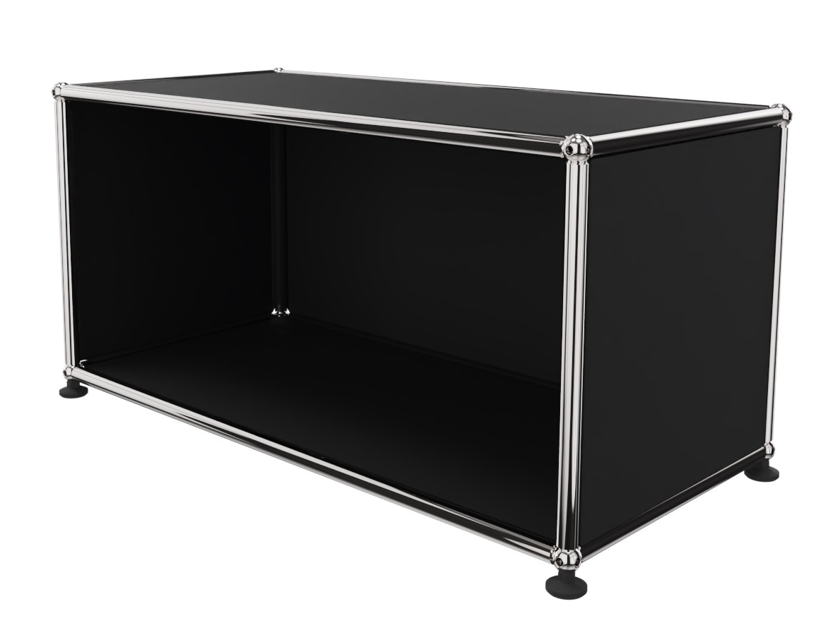USM Haller Lowboard in Graphitschwarz, offenes Design mit verchromtem Gestell, modernes Möbelstück für Wohnzimmer.