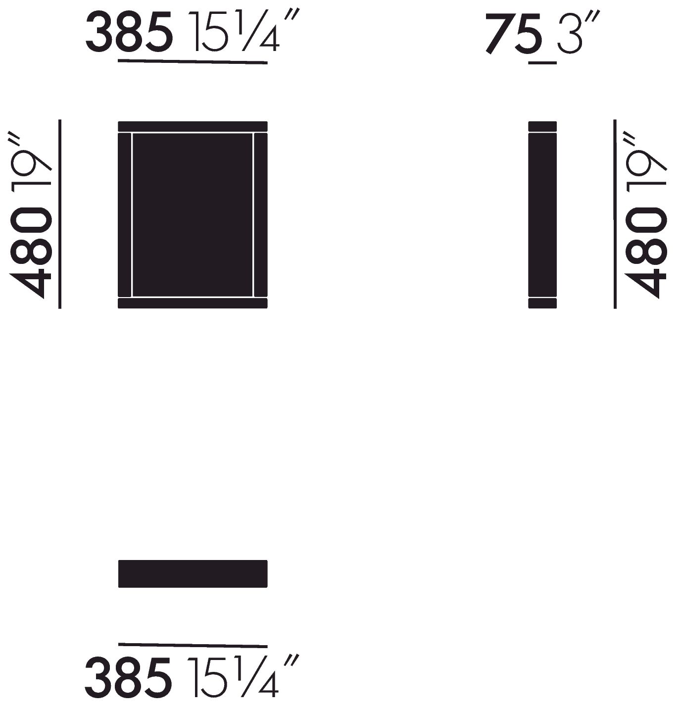 Technische Zeichnung des Vitra Colour Frame Spiegels mit Maßangaben für E-Commerce-Produktseite.
