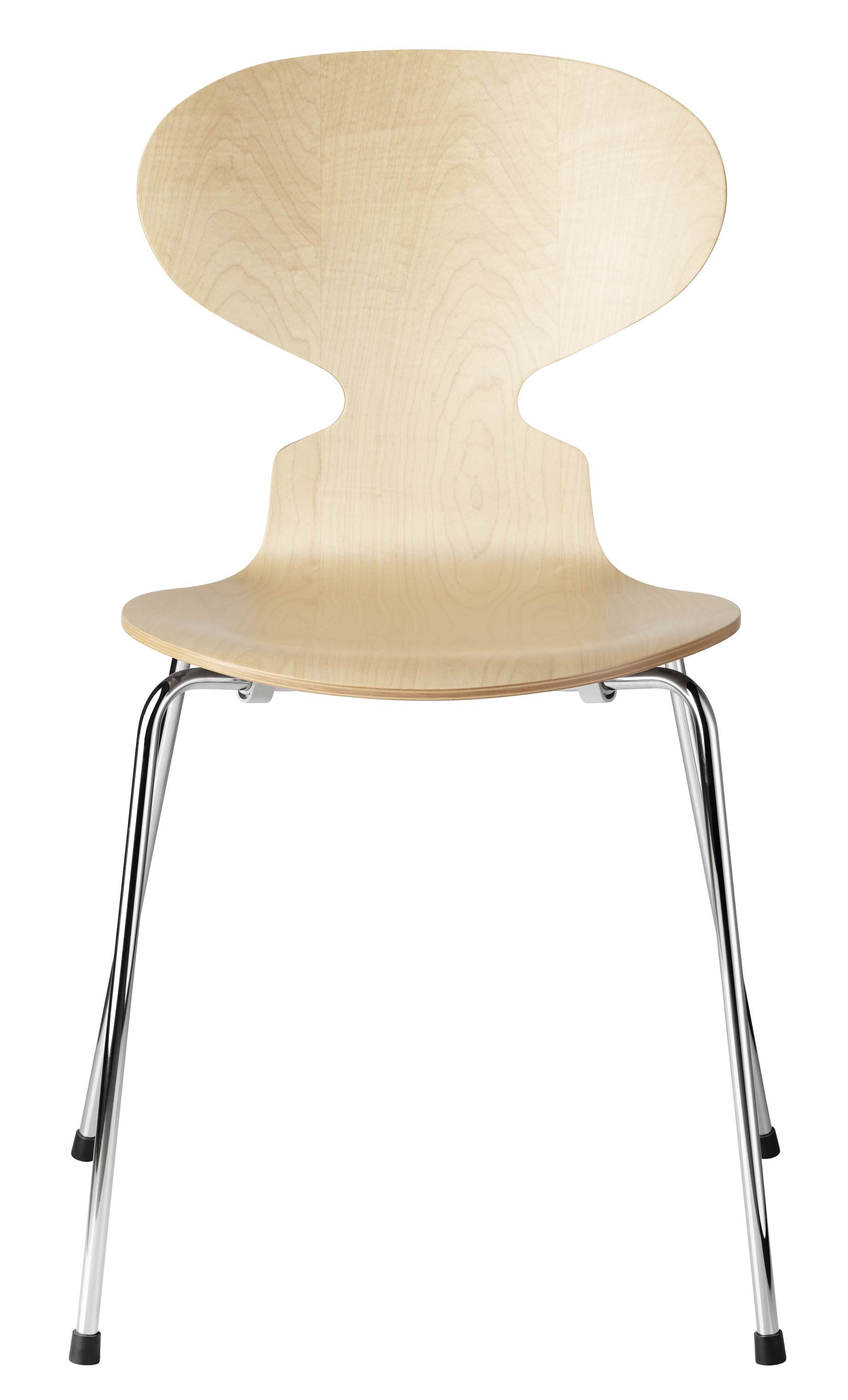 Die Ameise Stuhl von Fritz Hansen mit hellem Holzfurnier und verchromtem 4-Bein-Gestell, Frontansicht.