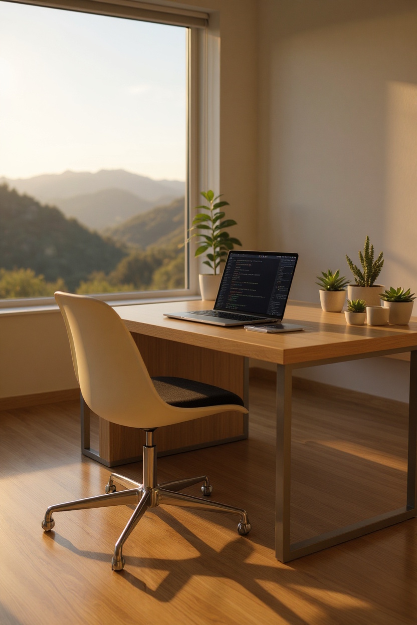 Eames Fiberglass Side Chair DSL mit Sitzpolster Vitra in einem modernen Arbeitszimmer mit Schreibtisch.