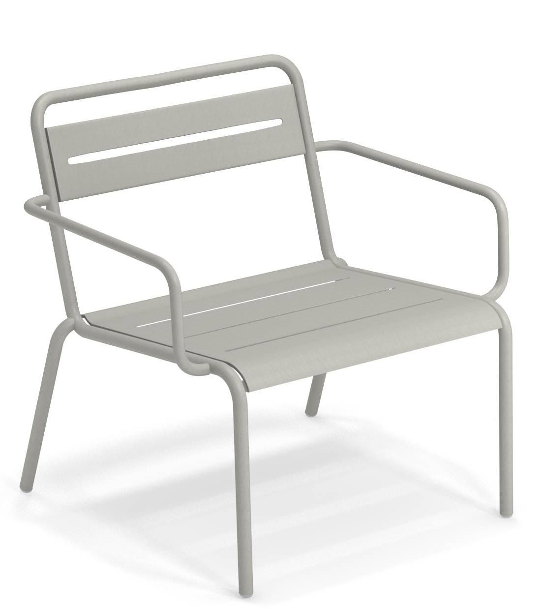 Grauer Star Lounge Chair Sessel von Emu für den Außenbereich, mit Armlehnen und Lattenmuster.