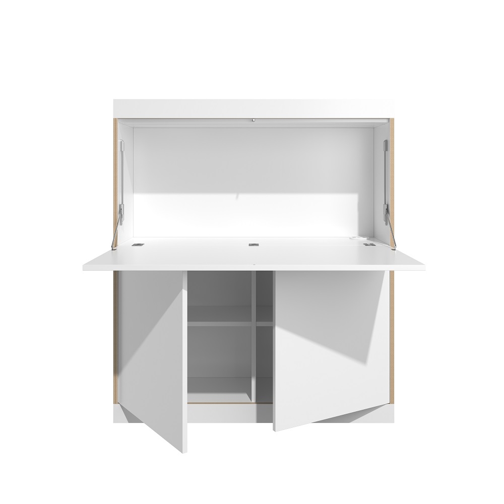 Weißer FLAI Sekretär von Müller Möbelwerkstätten, geöffnet, mit Stauraum und Arbeitsfläche für Home-Office.