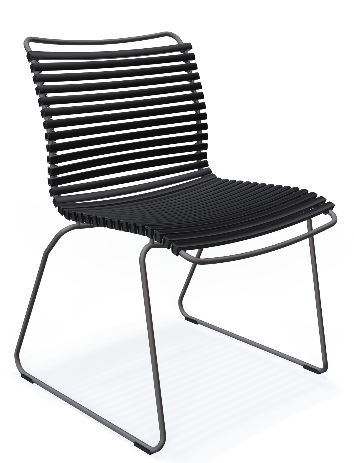 Schwarzer Click Dining Stuhl von Houe ohne Armlehne für den Außenbereich. Gartenstuhl mit Lamellensitz.