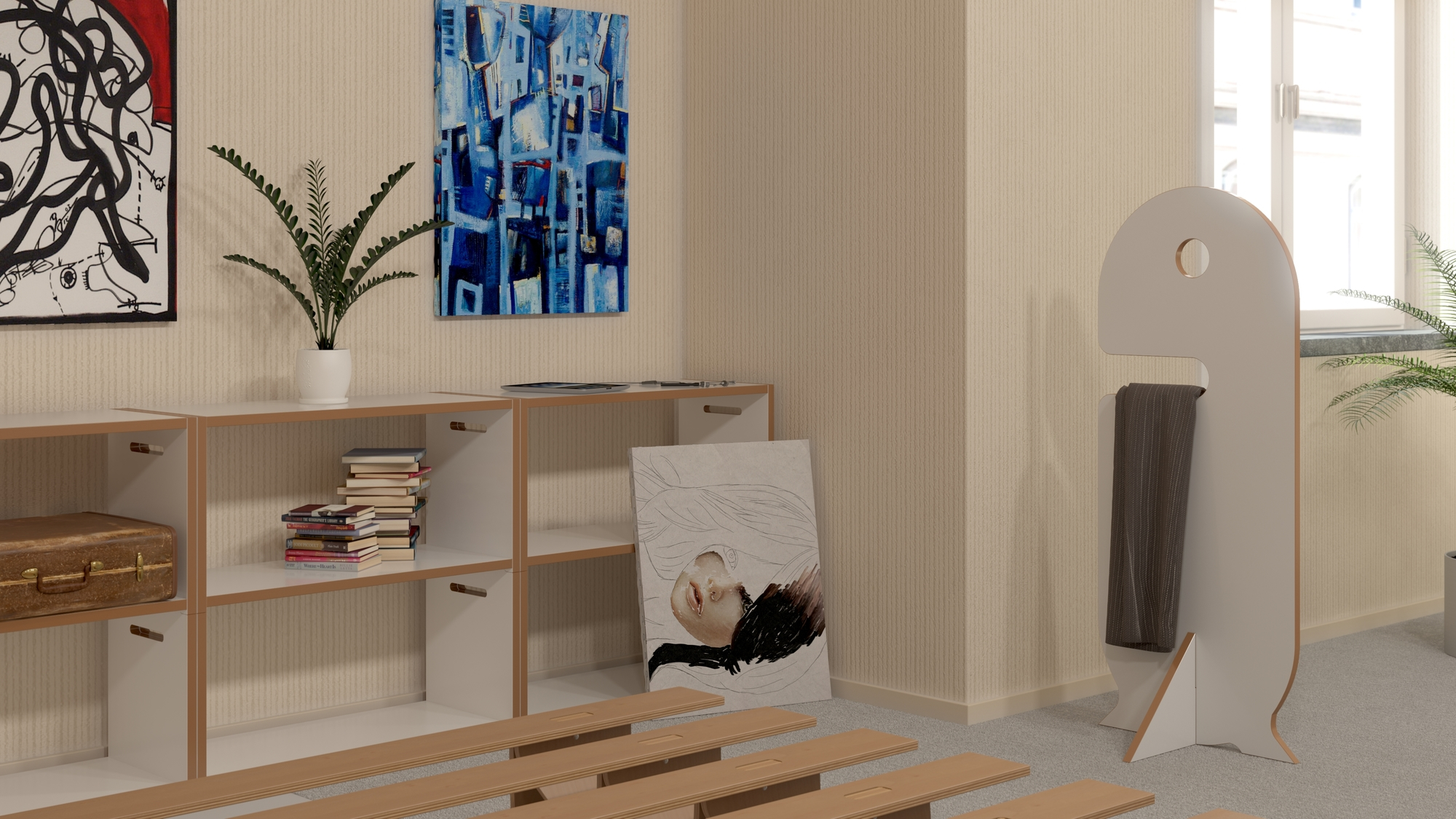 Weißer Dienerle Kleiderdiener Tojo mit Handtuch im modernen Schlafzimmer, minimalistisches Design, Möbel für Schlafzimmer und Ankleide.