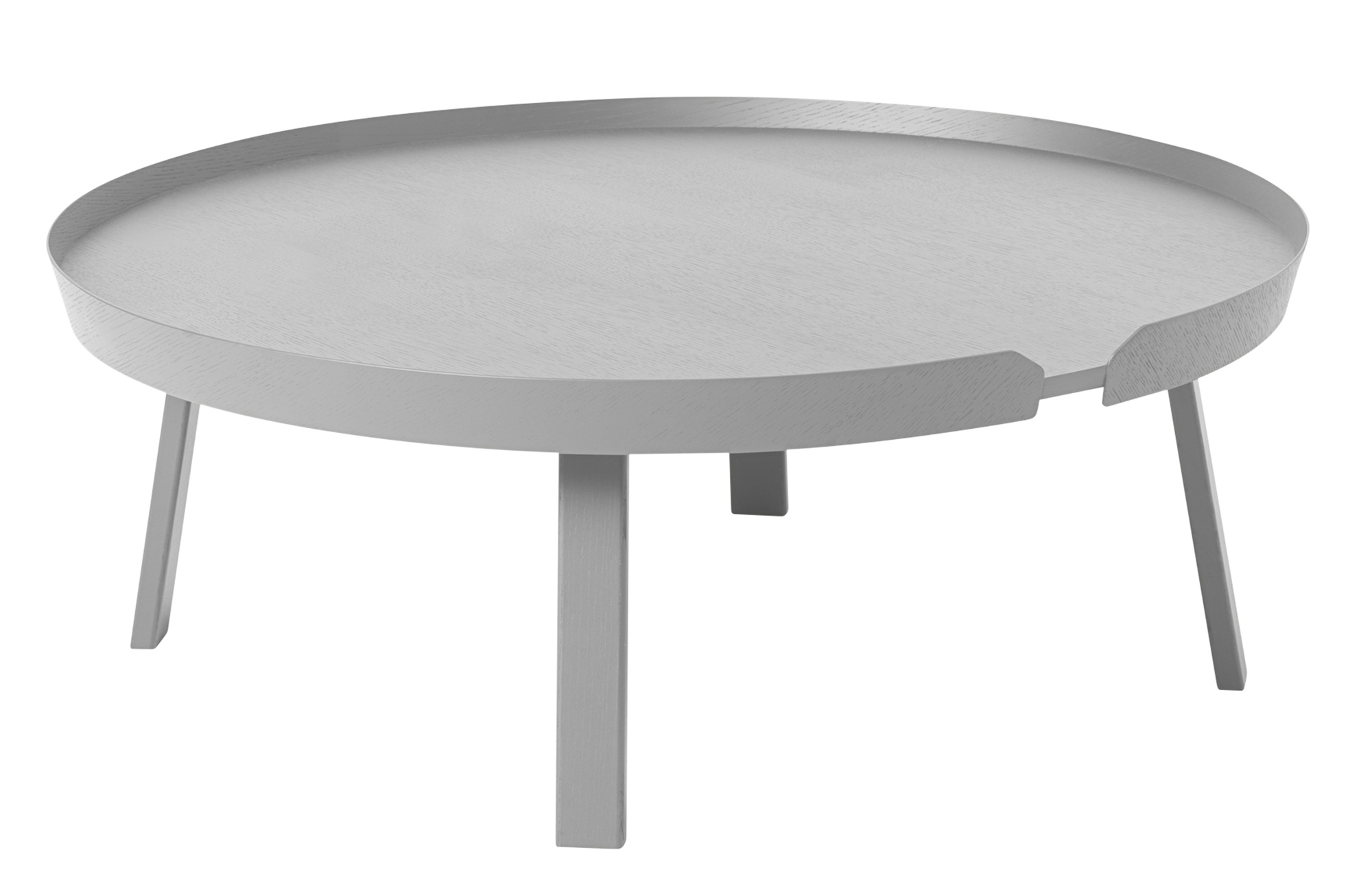 Grauer Around Coffee Table von Muuto: Runder Couchtisch aus Holz mit drei Beinen.
