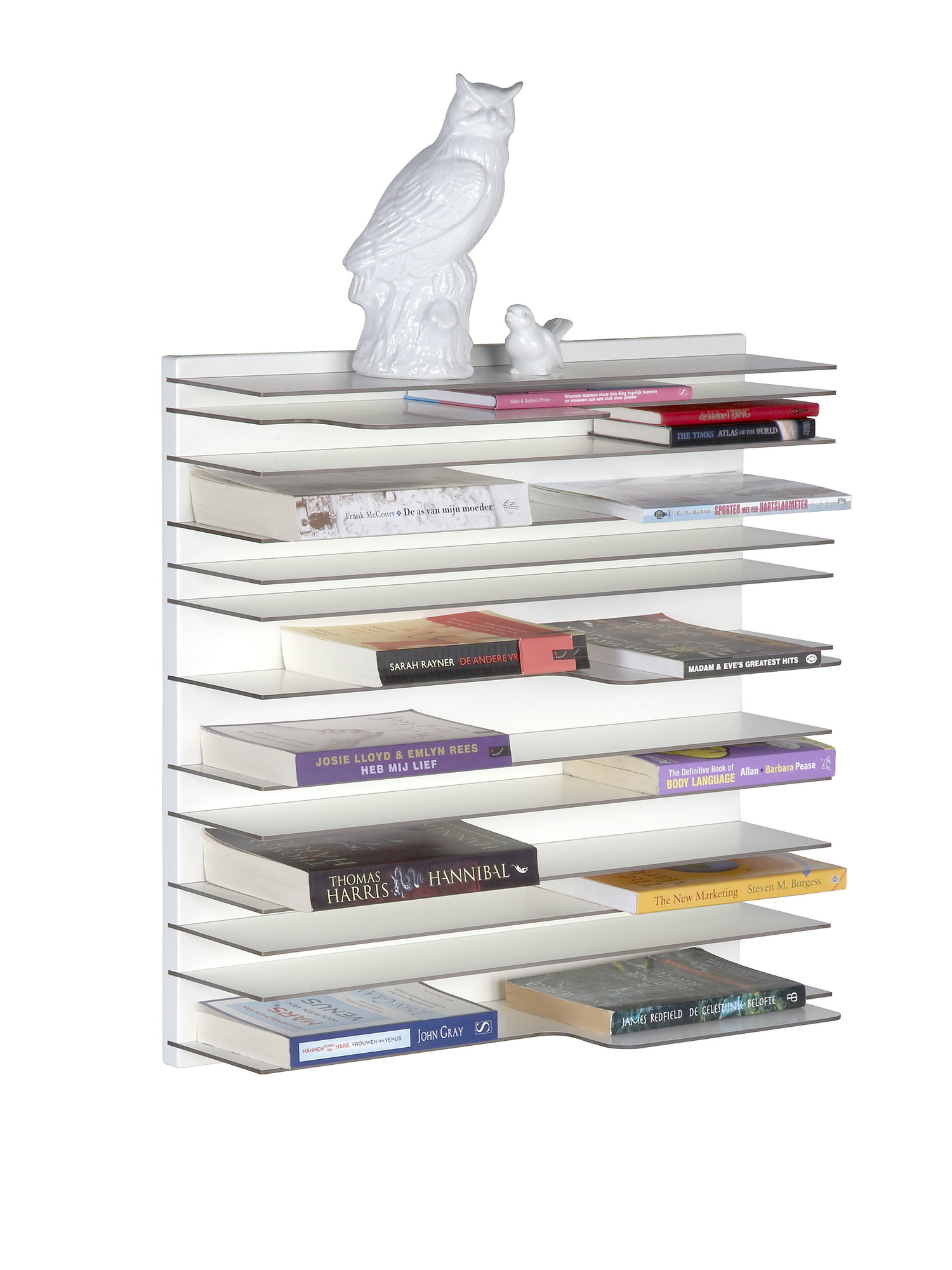 Modernes, weißes Paperback Bücherregal mit Büchern und dekorativen Eulenfiguren für stilvolle Wandgestaltung.