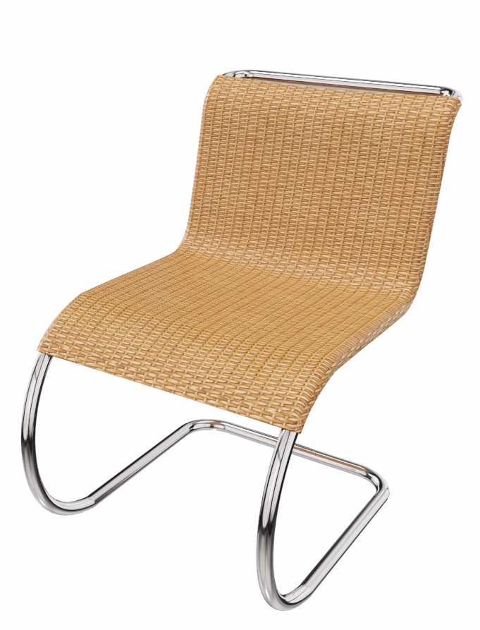 MR Stuhl ohne Armlehnen von Knoll International mit Rattan-Sitzfläche und verchromtem Stahlrohrgestell.