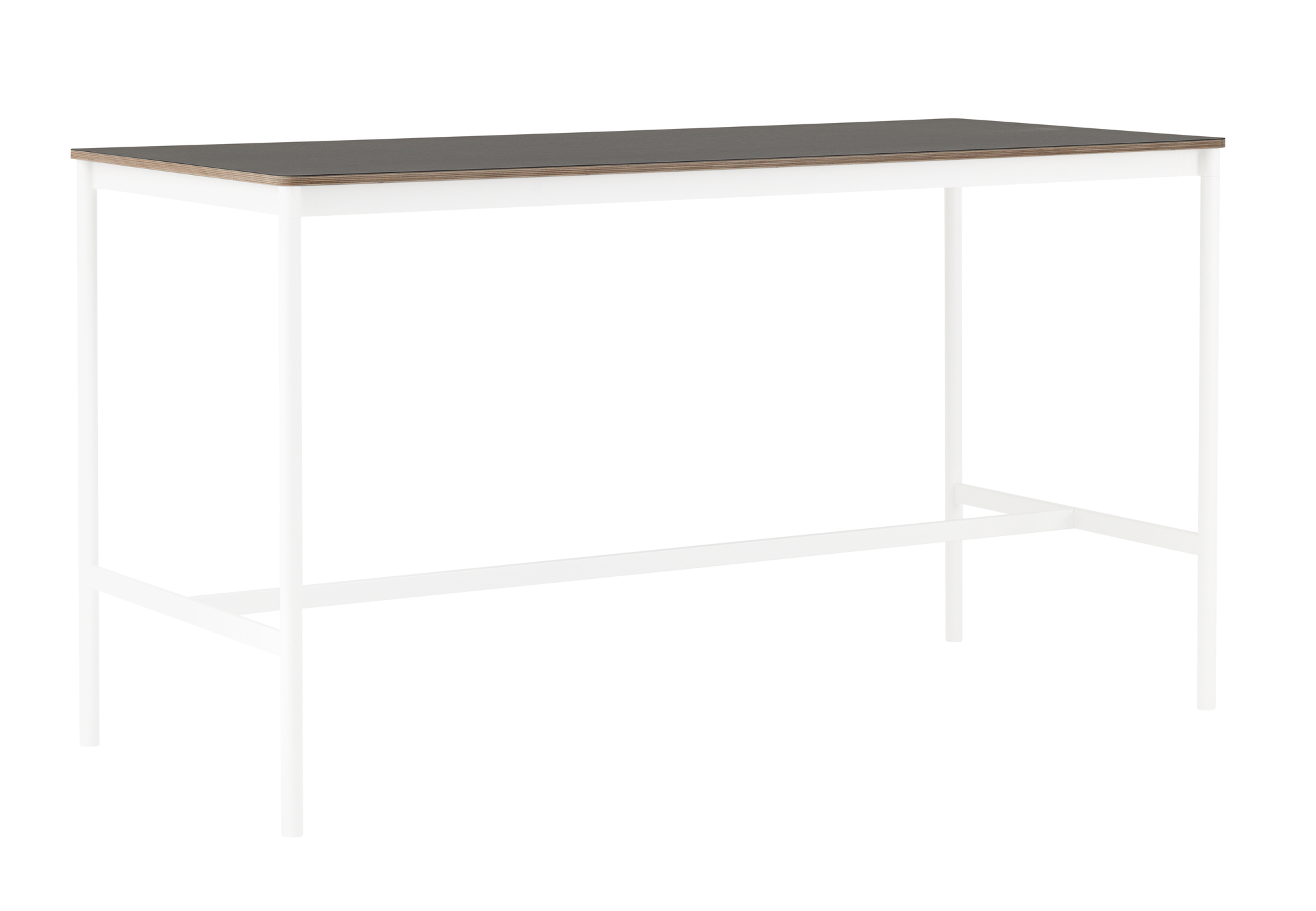 Muuto Base High Table: Stehtisch mit dunkler Tischplatte und weißem Stahlgestell für Büro und Zuhause.