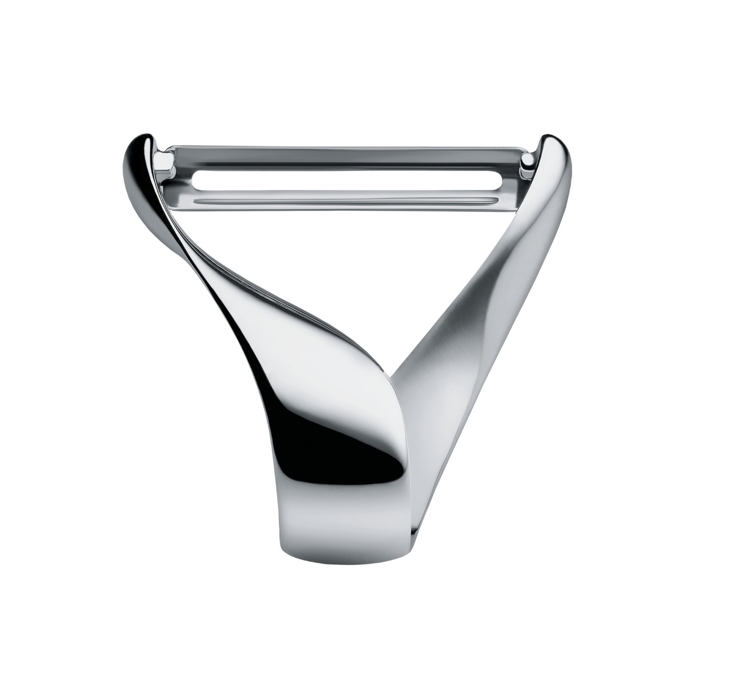 Alessi Sfrido VS02 Kartoffelschäler aus glänzendem Edelstahl, Nahaufnahme auf weißem Hintergrund. Küchenhelfer zum Schälen von Gemüse.