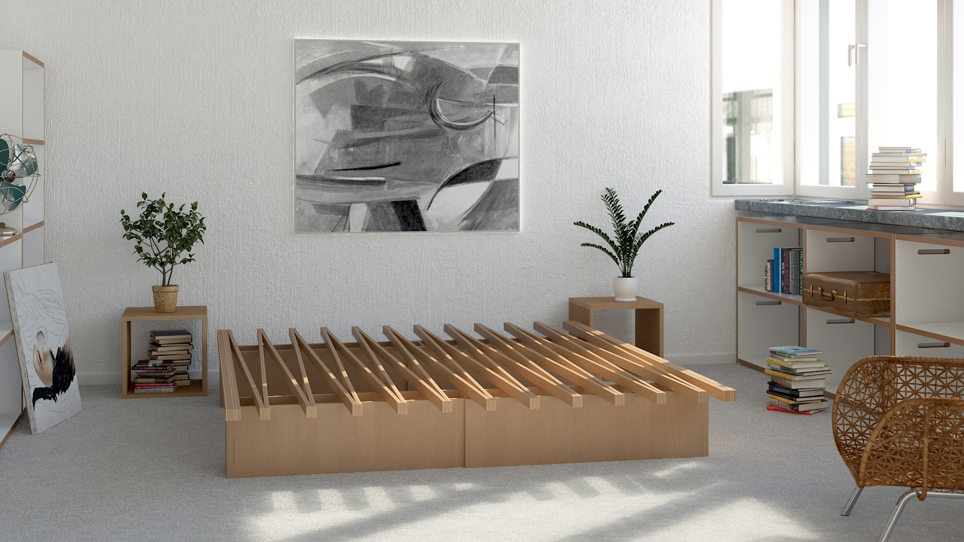V Bett von Tojo, minimalistisches Holz Bettgestell im modernen Schlafzimmer mit Kunst und Pflanzen.