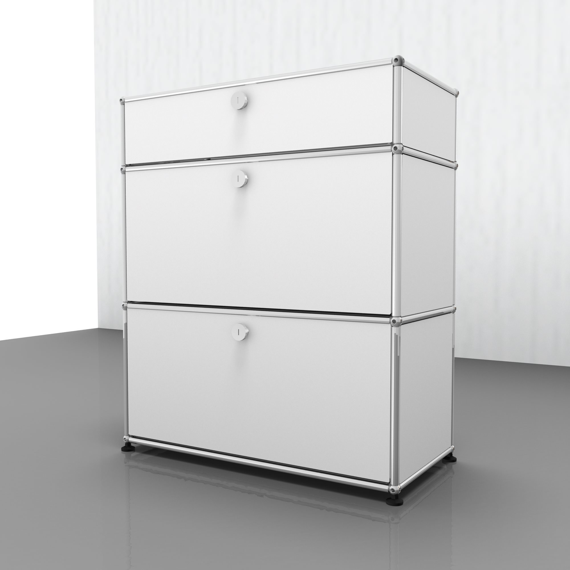 USM Haller Highboard in Rubinrot mit zwei Klappen, modernes Designmöbel für stilvolle Wohnräume.