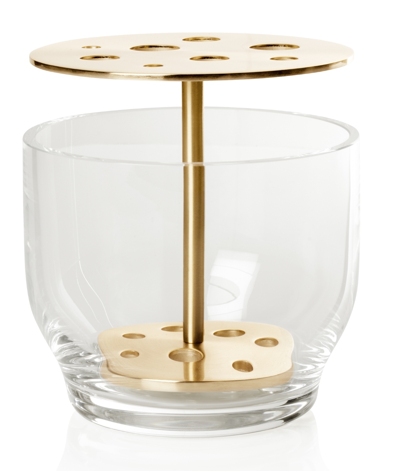 Kleine Ikebana Vase von Fritz Hansen: Glasvase mit goldenem Blumenigel für japanische Blumenkunst.