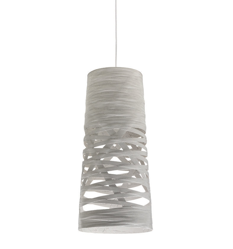 Weiße Tress Mini Pendelleuchte von Foscarini, moderne Hängelampe mit geflochtenem Design für stilvolle Innenbeleuchtung.