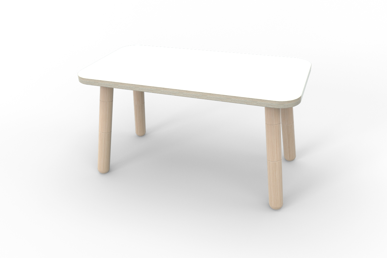 Growing Table: Weißer Kindertisch mit höhenverstellbaren Holzbeinen für Kinderzimmer und Spielzimmer.