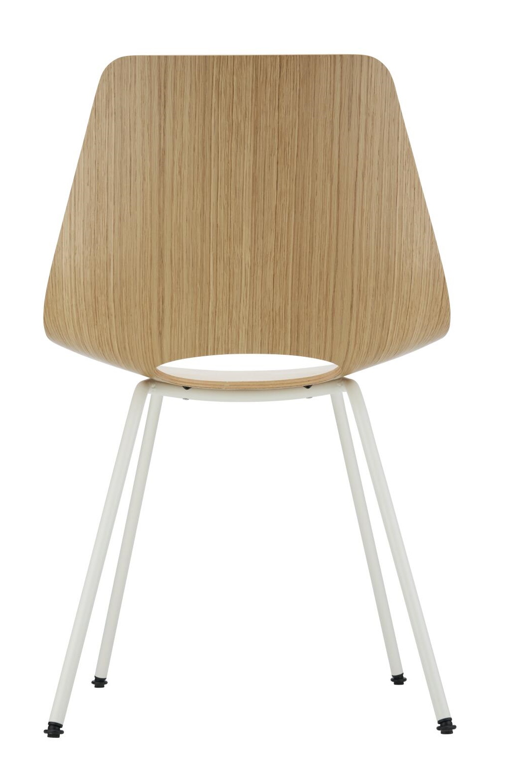 Rückansicht des S 661 Stahlrohrstuhls von Thonet mit hellem Holzfurnier und weißem Stahlrohrgestell.