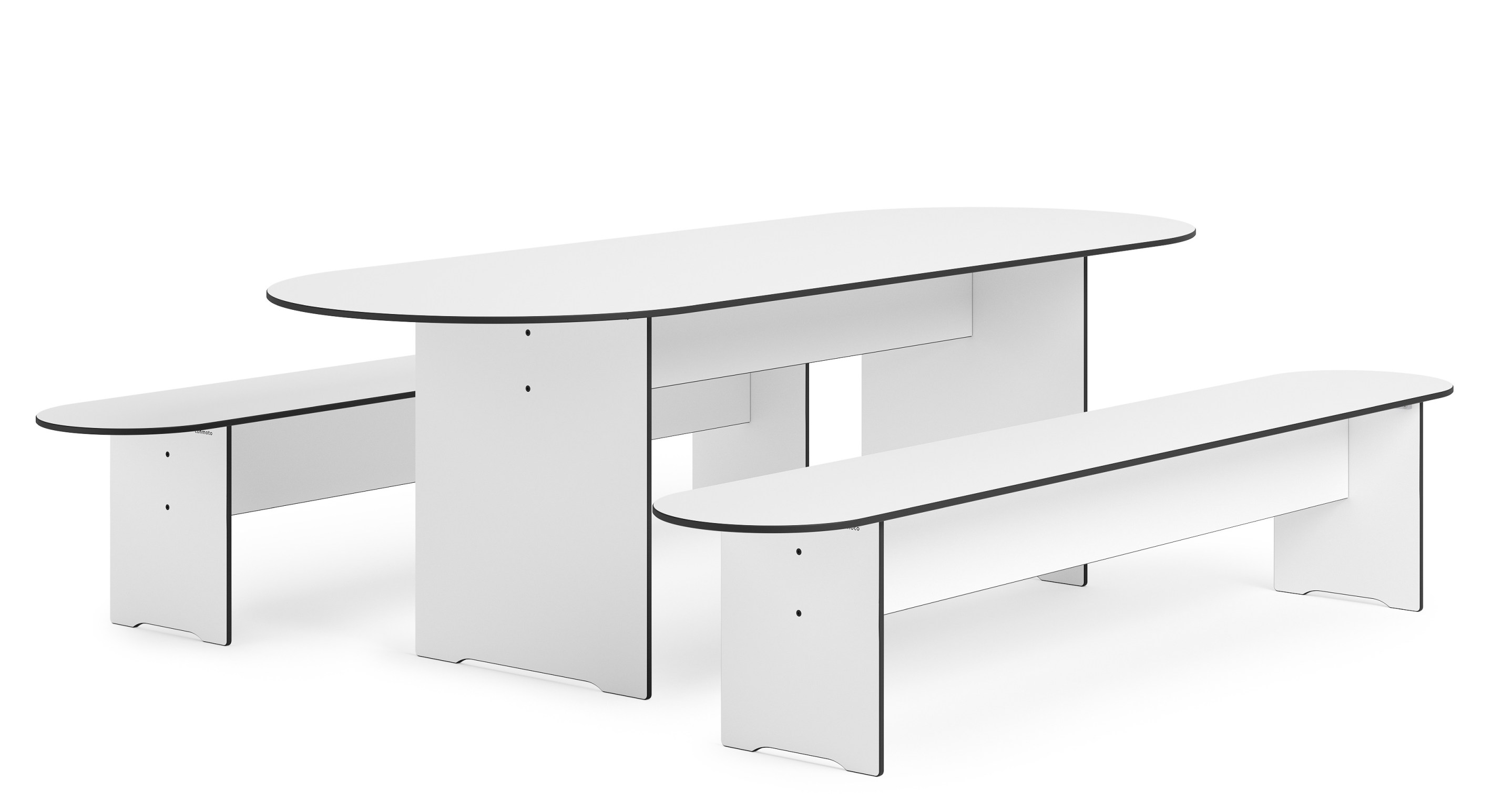 Weiße Riva Vario Bank von Conmoto für den Außenbereich, modernes Design mit Tisch und Bänken.